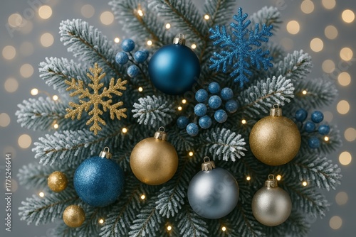 Christmas tree branch decorated with gold and blue baubles, snowflakes, berries, and lights in festive elegant holiday theme with blurred lights background. Ai generative