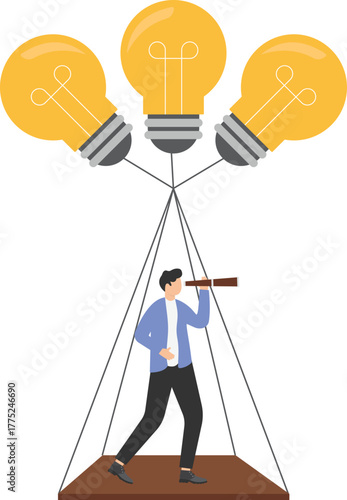 Businessman searching for opportunities in hot air balloon light bulb-Business concept vector
