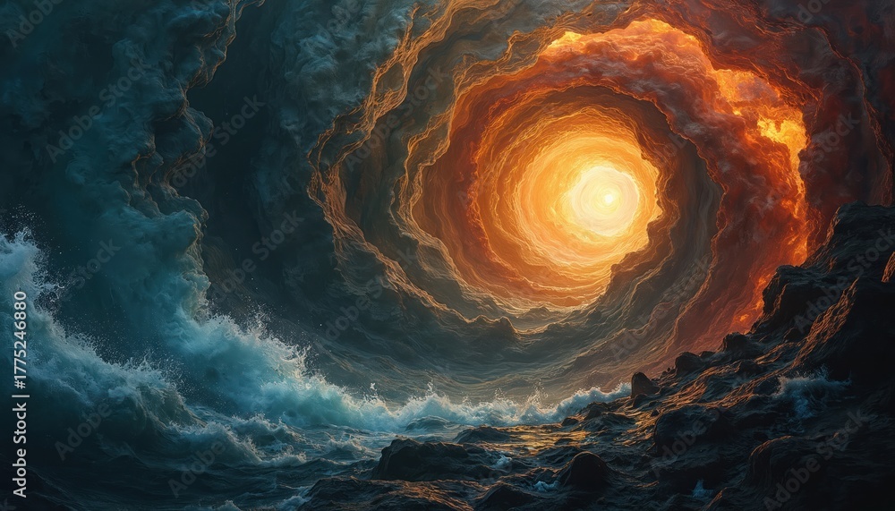 Fototapeta premium Turbulent ocean waves hit dark rocky coast. Fiery swirling tunnel creates bright light in abstract sky. Elements of water, earth, fire, air combine dynamically. Natural forces meet cosmic energy in