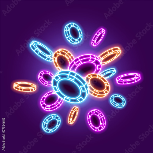 Neon poker chips on dark background. Bright glowing chips for casino and poker. Vector illustration.