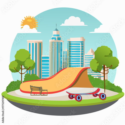 Cartoon illustration of a vibrant urban skate park with a ramp, skateboard, bench, trees, and city skyline under a sunny sky.