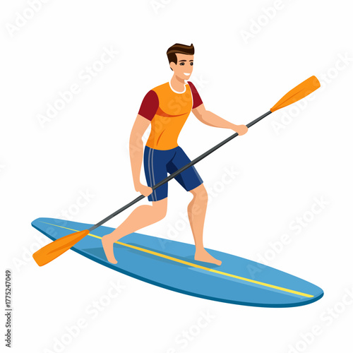 Cartoon illustration of a man paddleboarding on a blue board with an orange paddle, enjoying a water sport activity.