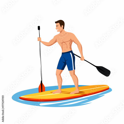 An illustration of a fit man stand-up paddleboarding on a yellow board in blue water, holding a paddle.
