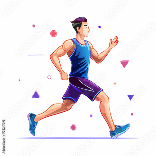Illustration of a fit man running in athletic wear with abstract shapes in the background, depicting motion and energy.