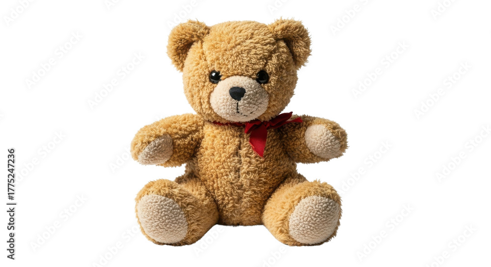 Obraz premium Cute Brown Teddy Bear Plush Toy with Red Ribbon Isolated on White Background