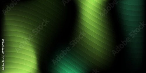 Abstract background of green liquid gradient in dark shiny with striped effect. Refraction of wavy striped glass.