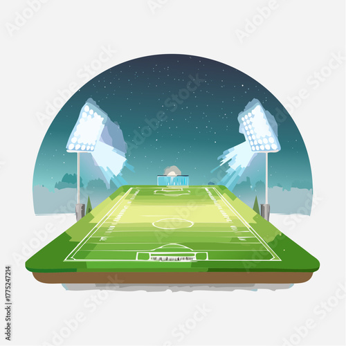 Stylized illustration of a vibrant green soccer field at night, brightly lit by stadium floodlights under a starry sky.