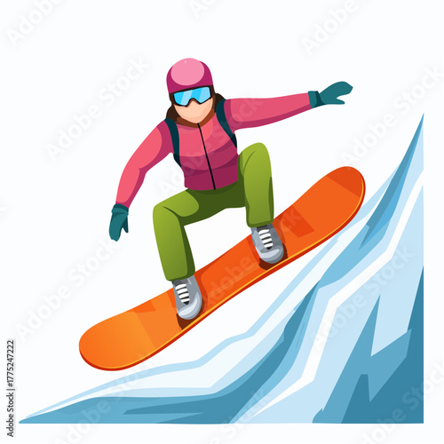 A person in winter gear snowboarding down a stylized snowy mountain slope, enjoying a winter sport.