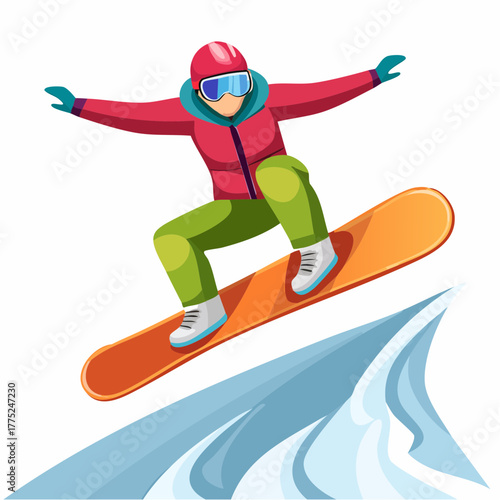 A vibrant illustration of a snowboarder in mid-air, performing a jump over a snowy ramp, wearing winter sports attire.