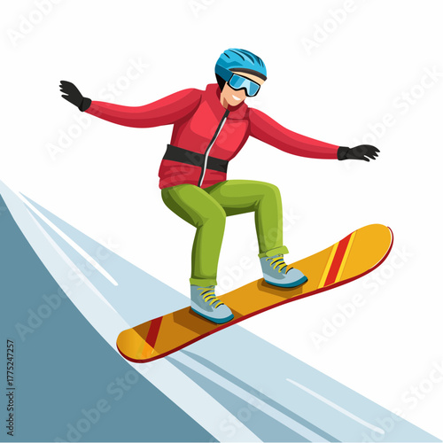 A person snowboarding down a snowy mountain slope, wearing winter sports attire.
