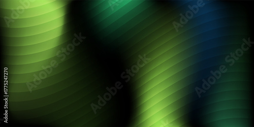 Abstract background of green liquid gradient in dark shiny with striped effect. Refraction of wavy striped glass.