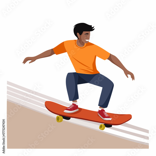 A young man skateboarding down a slope, balancing with his arms out, wearing an orange t-shirt and blue pants.