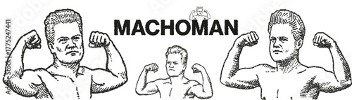 Macho Man Bodybuilder Flexing Biceps — Vintage Stipple Vector Illustration