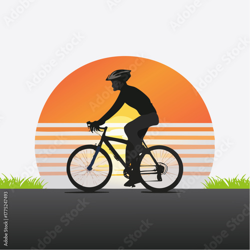 Silhouette of a cyclist riding a bicycle against a vibrant orange sunset or sunrise with horizontal lines.