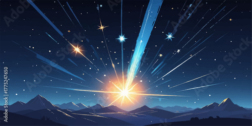 A blue starry night sky illustration with glowing particles, perfect for a winter holiday background design