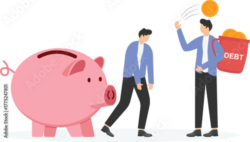 including individuals burdened by large debt words, falling from stacks of money,

