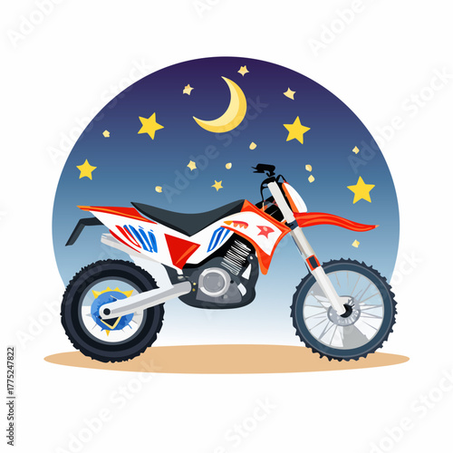 A vibrant red and white dirt bike with blue accents, parked against a stylized dark blue night sky with a crescent moon and yellow stars.