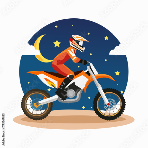 A person in a helmet and orange suit riding a dirt bike at night under a crescent moon and stars.