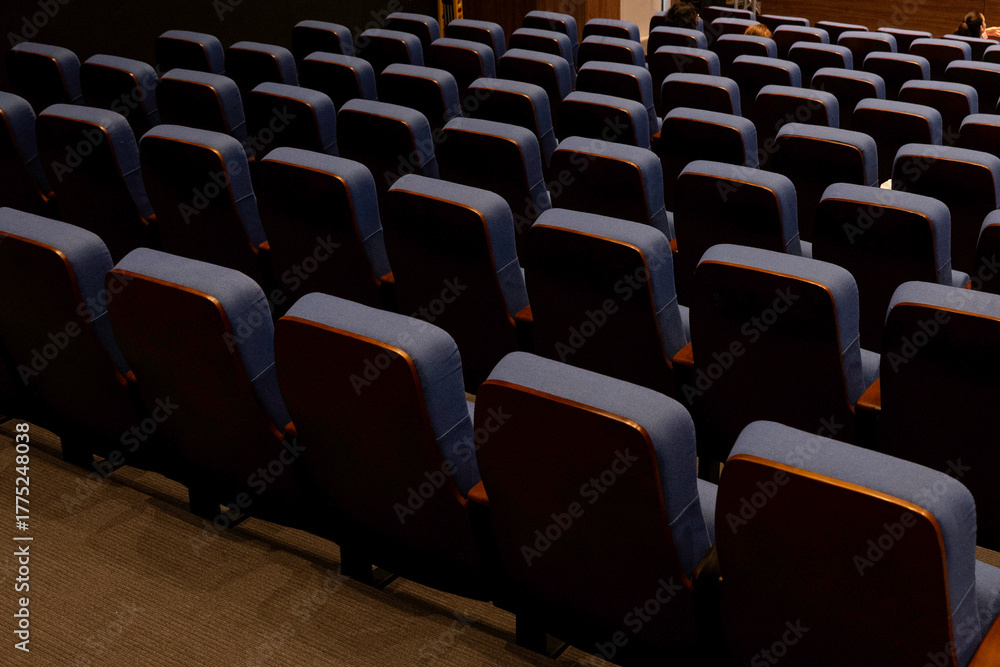 Naklejka premium Karachi, Pakistan - April 10, 2025: A captivating view of multiple rows of empty seats under dim lighting, Ideal for concepts related to education, presentations, cinema, events, or public gatherings.