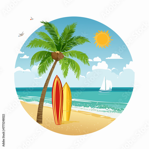 Vibrant tropical beach scene with a palm tree, two surfboards, blue ocean, a distant sailboat, and birds under a bright sunny sky.