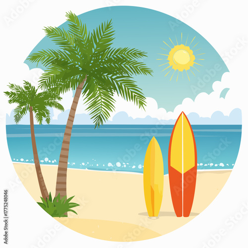 Vibrant cartoon illustration of a tropical beach scene with two surfboards standing on the sand, palm trees, blue ocean, and a bright sun in the sky.