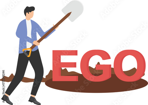 Egocentric symbol of the cult of personality, woman piercing a balloon with the word ego on it,
