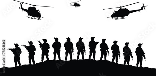 Military operation silhouette, armed soldiers on terrain, combat gear, flying helicopters, tactical scene, black vector illustration, defense, war, battlefield, army