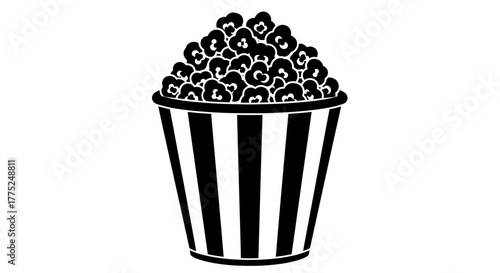 A black and white illustration of a striped bucket filled with popcorn