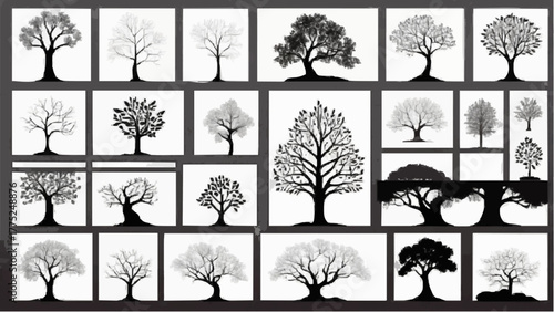 Seamless black tree silhouette pattern vector illustration set for vintage floral design elements