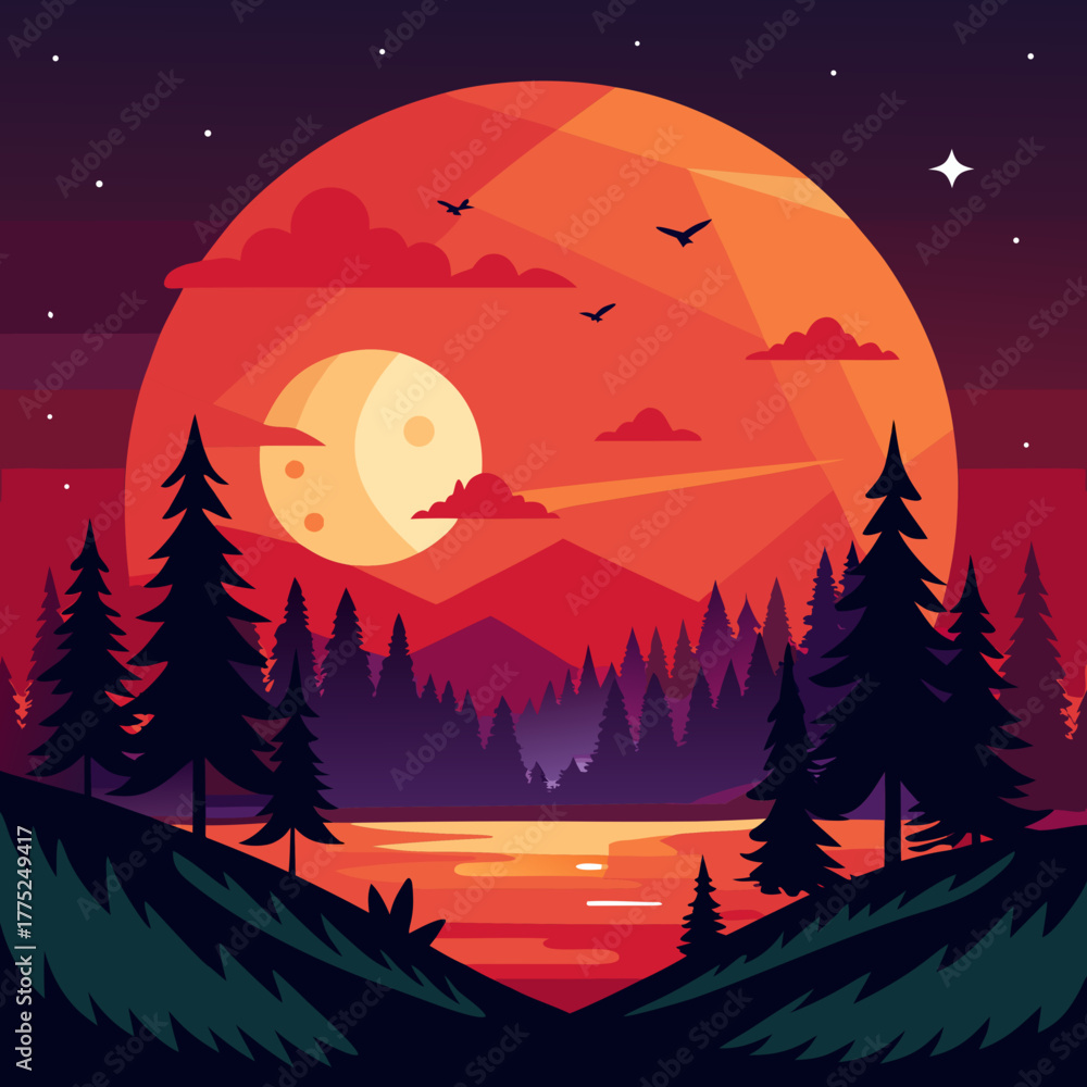 Fototapeta premium Vibrant sunset over a serene forest lake
