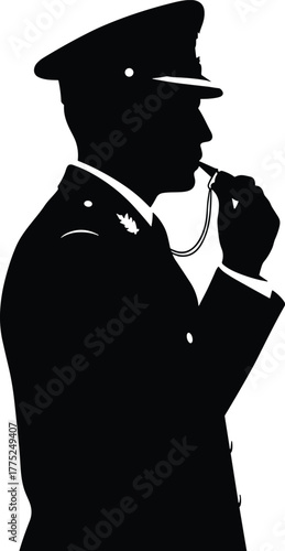 Military silhouette, officer blowing whistle, uniformed figure, authority symbol, black profile, command gesture, discipline icon, peaked cap, white background, enforcement