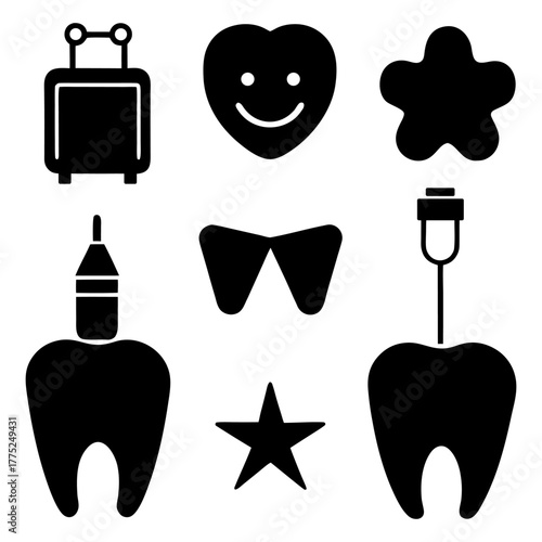 Tooth, Floss, Dentist Chair, and Smile Icon on White Background.