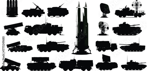 Military vehicle silhouettes, missile launcher, radar system, tank, armored unit, anti-aircraft, war equipment, defense icons, black white contrast, isolated graphic