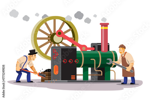 Age of industrial Revolution . People working on steam engines . Cartoon character illustration . Isolated white background . Vector .