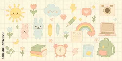 Sticker school kawaii pastel stationery with backpack bunny rainbow pencil and notebook for kids. Cute vector set with books and laptop and camera by teachers. 
