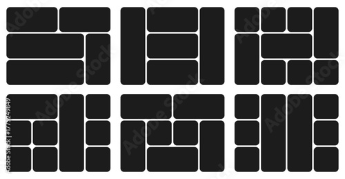Bento grid abstract layouts with geometric tiles and rounded corners. Modern modular UI design panels, trendy web interface templates, collage frames and infographics. Vector illustration.