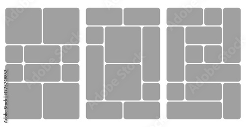 Bento grid abstract layouts with geometric tiles and rounded corners. Modern modular UI design panels, trendy web interface templates, collage frames and infographics. Vector illustration.