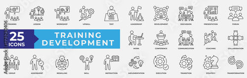 Training Development icon collection set. Containing development, learning, workshop, coach, mentor, curriculum, seminar icon. Simple line vector illustration.