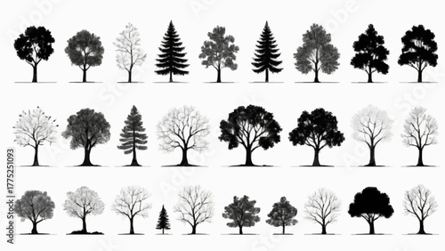 Set of nature tree and forest silhouettes vector illustration with pine, palm, oak, and birch leaves