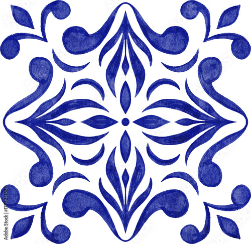 Hand drawn watercolor illustration with blue white azulejo Portuguese ceramic traditional tiles. Ethnic portugal geomentric indigo repeated wall floor ornament. Arabic ornamental background drawing.