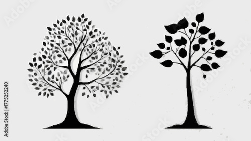 Vector illustration of a rooted tree silhouette with branches, leaves, and a floral design symbolizing nature, growth, and ecology