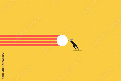 Business woman hold to resist the ball. Flat vector illustration