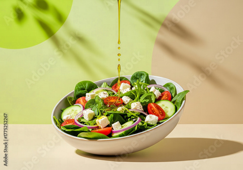Fresh Greek Salad with Feta Cheese and Vegetables Drizzled with Olive Oil in a Tilted White Bowl