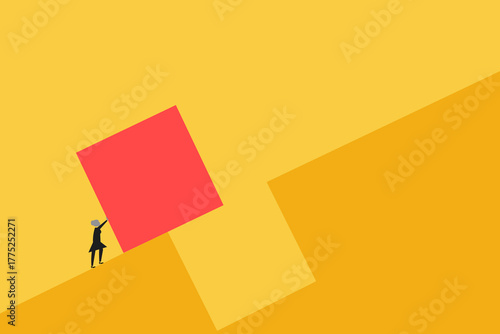 Business woman push block. concept of Business achievement , completion, achieving goal, plan