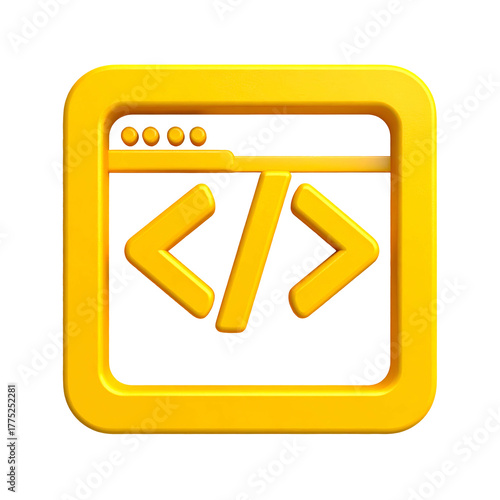 Shiny golden square icon depicts a browser window and code symbols