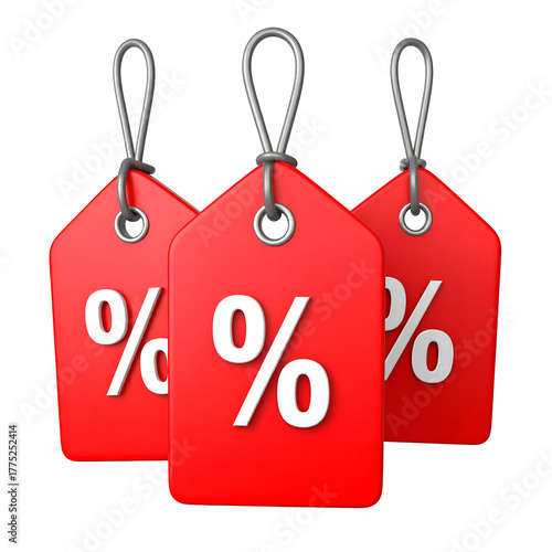 Three red sale tags with white percentage signs, hanging by shiny silver loops