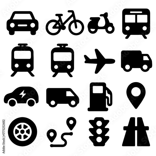 Transportation Icon Set: A comprehensive collection of iconic symbols representing various modes of transportation, from cars and bikes to trains and planes, ready for diverse applications.
