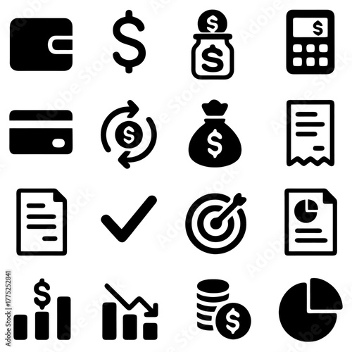 Financial Icons Set: A comprehensive collection of financial icons, symbolizing various aspects of money management, investments, and business transactions.