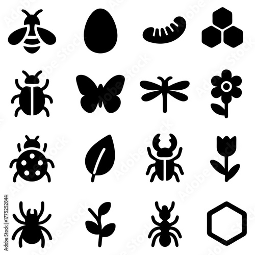 Insect and Plant Icons Set: A collection of detailed insect and plant icons, from buzzing bee to delicate leaf, provides a comprehensive set of elements for design purposes.