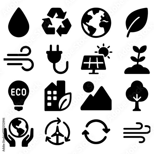 Eco-Conscious Icons: An inspiring array of eco-friendly icons representing environmental protection and sustainability. These symbols collectively advocate for a greener future.
